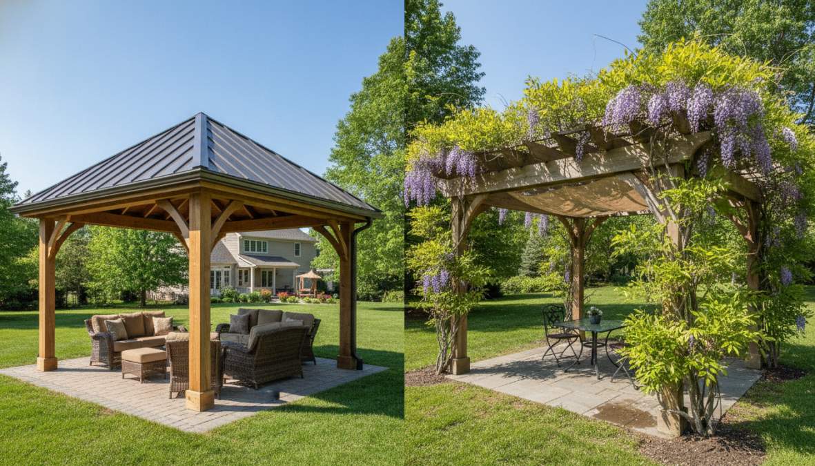Backyard scene showing a solid-roof pavilion with metal roofing on one side next to an open-lattice pergola with climbing wisteria vines, demonstrating the contrast in weather protection and architectural design