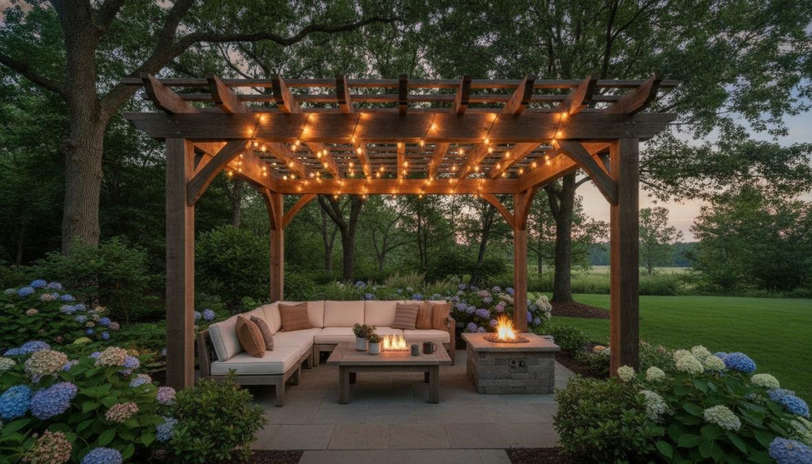 A beautifully lit pergola at dusk with warm white string lights draped across wooden beams, creating an inviting backyard retreat with comfortable seating and lounge chairs beneath