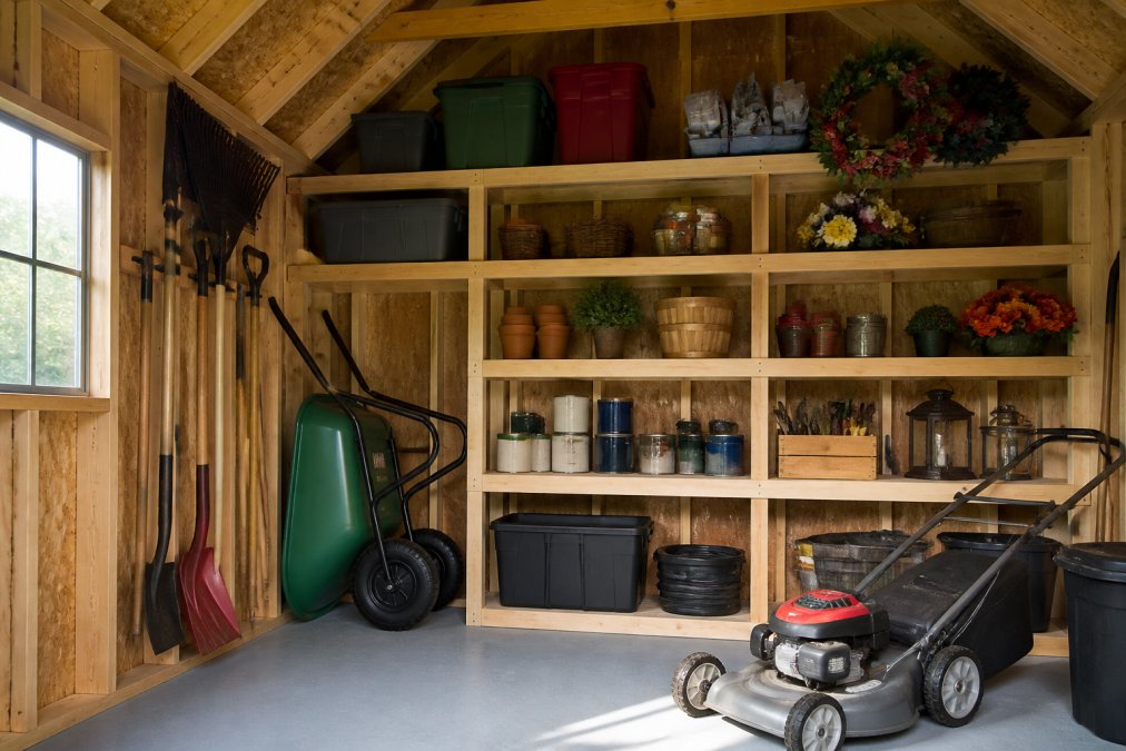 Interior view of a well-organized storage shed with wooden shelving units holding neatly arranged tools, paint cans, and seasonal decorations, natural light streaming through a side window