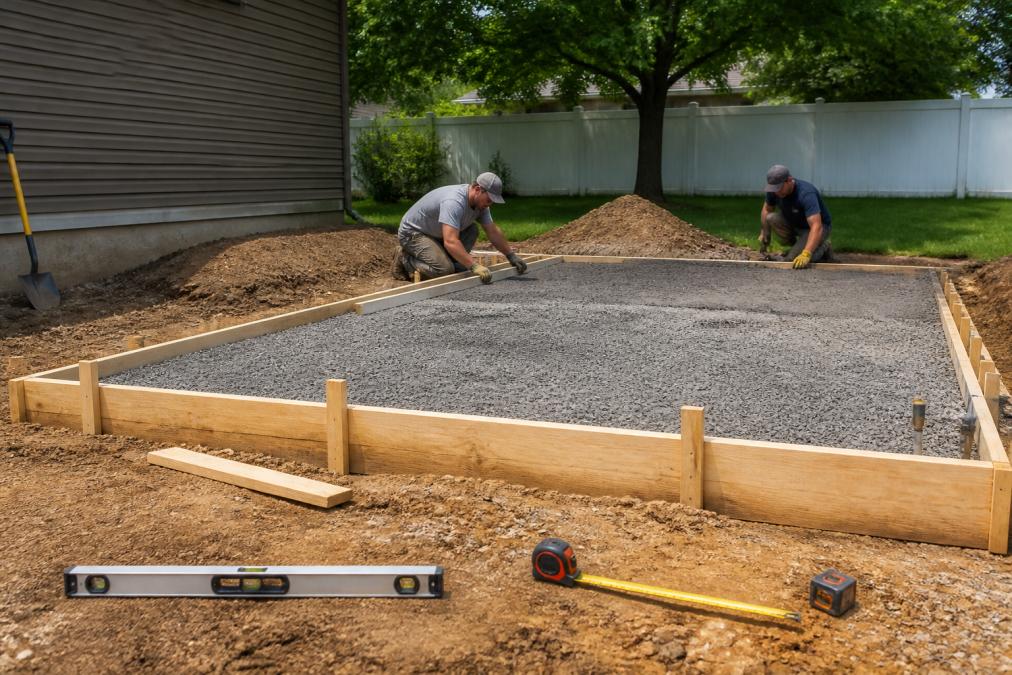 Construction crew preparing a backyard for shed installation, showing freshly leveled ground with gravel base, wooden forms for concrete foundation, and measuring tools laid out on the site