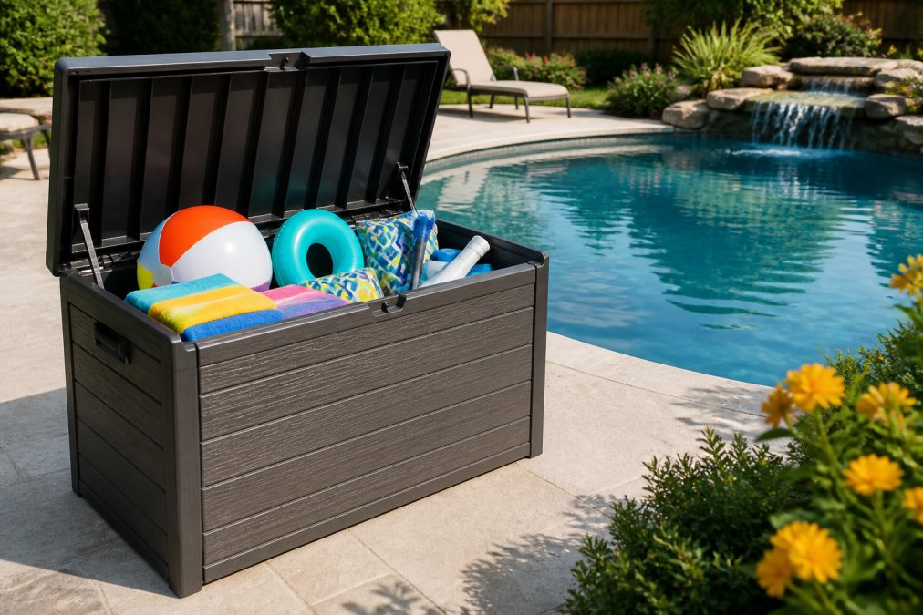 Well-organized residential pool deck with an open resin deck box displaying neatly stored pool floats, colorful towels, and maintenance supplies, with a sparkling backyard pool visible in the background under afternoon sunlight