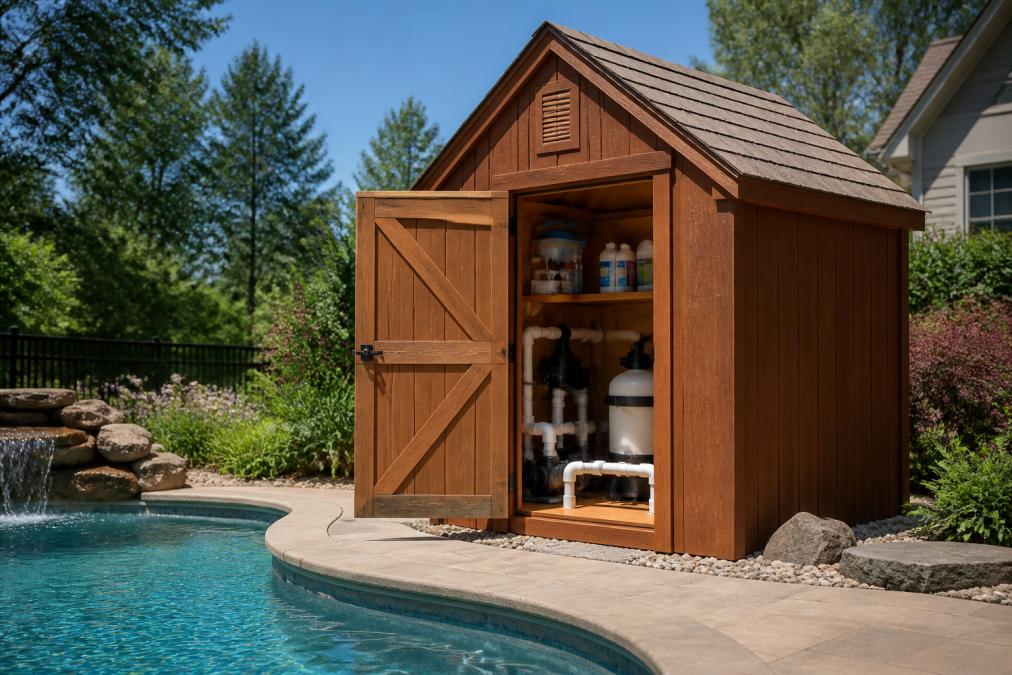 Rustic Amish-built wooden storage shed positioned at the edge of a residential backyard pool area, with the shed door open revealing organized pool equipment, pumps, and supplies inside, set against a clear blue sky with mature trees