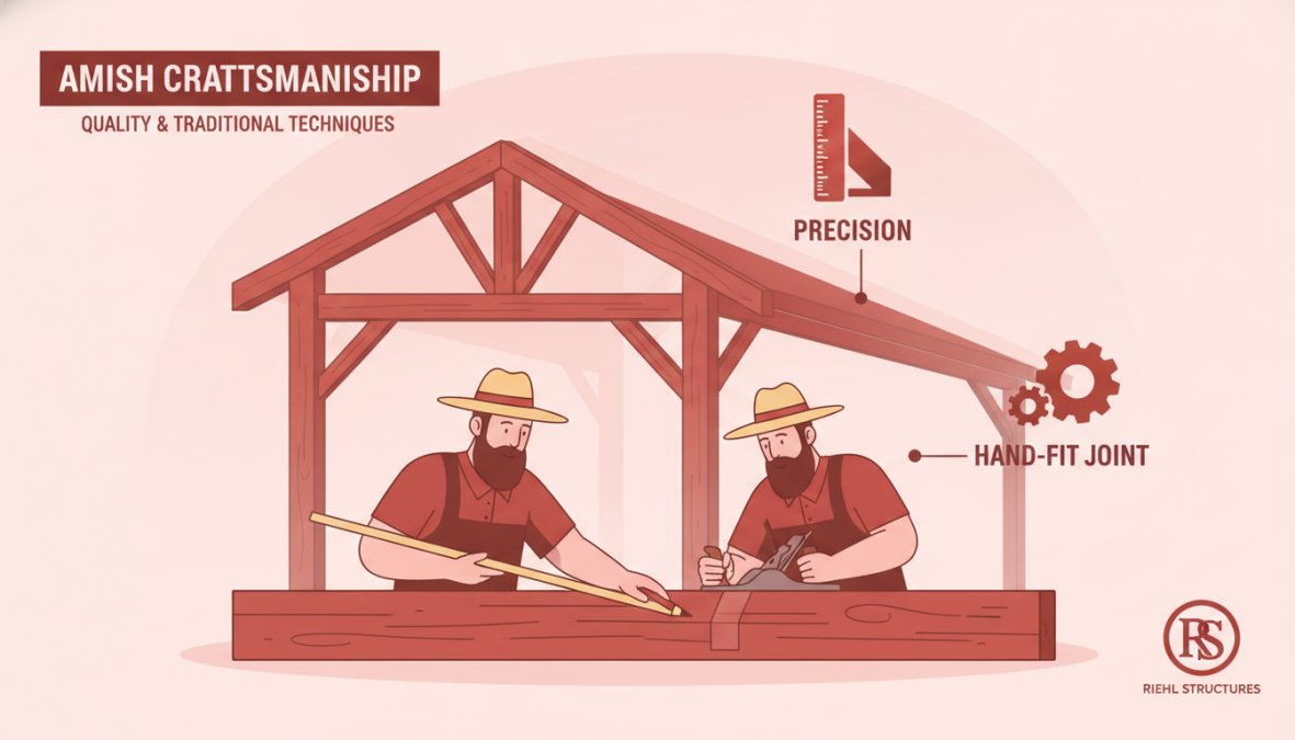 Amish craftsman carefully hand-fitting wooden beams and measuring joints with traditional tools, showing precise carpentry and attention to detail in garage framing