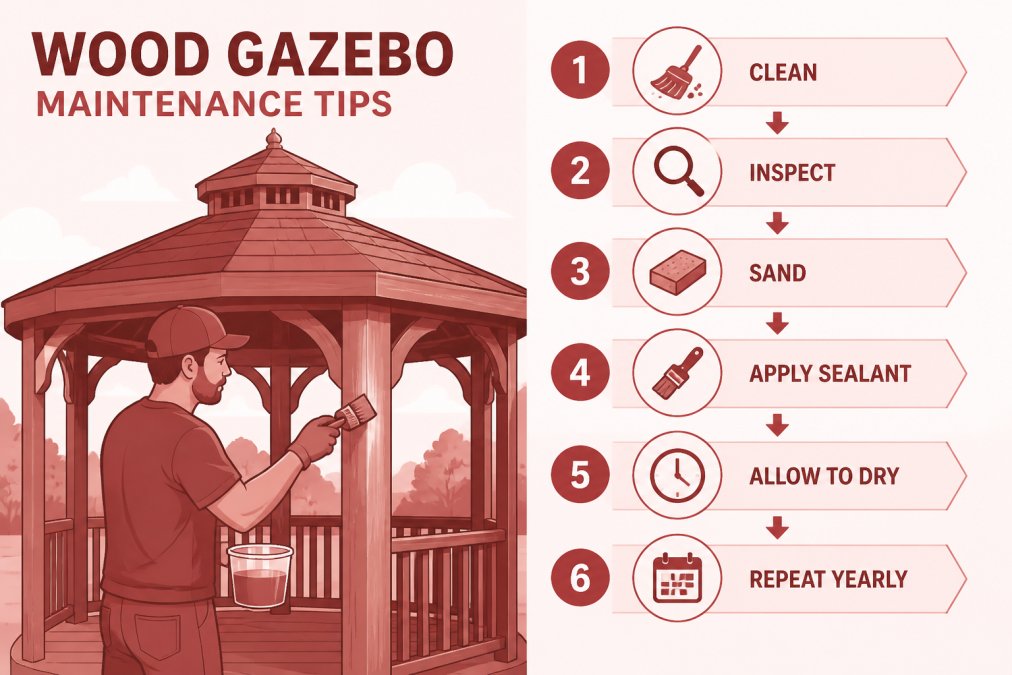 Homeowner in casual work clothes applying clear wood sealant to exterior wooden gazebo posts with a brush on a sunny afternoon, showing the maintenance process in action