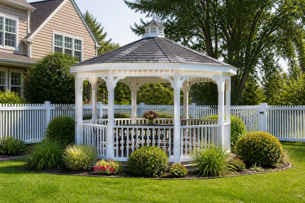 Pristine white vinyl gazebo in a well-maintained suburban backyard on a clear afternoon, showing its clean bright appearance with minimal visible wear or weathering