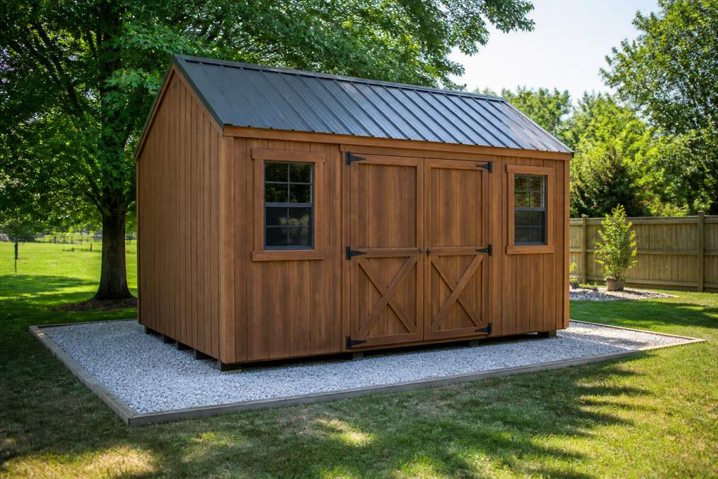A 16x12 wooden storage shed sitting on a gravel pad foundation in a residential backyard, with a level yard and a few trees in the background, photographed in natural daylight