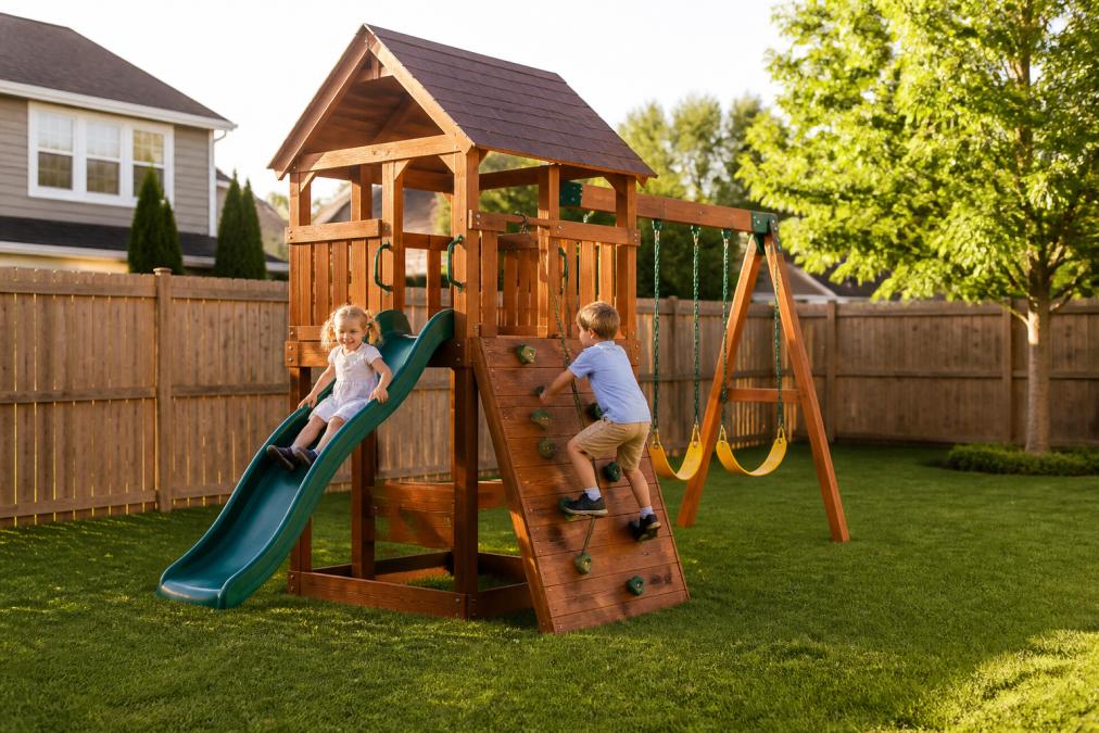 A family with two young children playing on a compact wooden playset in a small suburban backyard, wooden fence and green grass, warm afternoon sunlight
