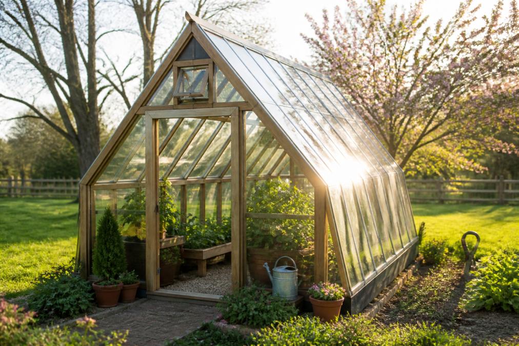 An Amish-built A-frame greenhouse in a residential garden during spring, showing the peaked roof design with sunlight streaming through glass panels onto growing plants inside