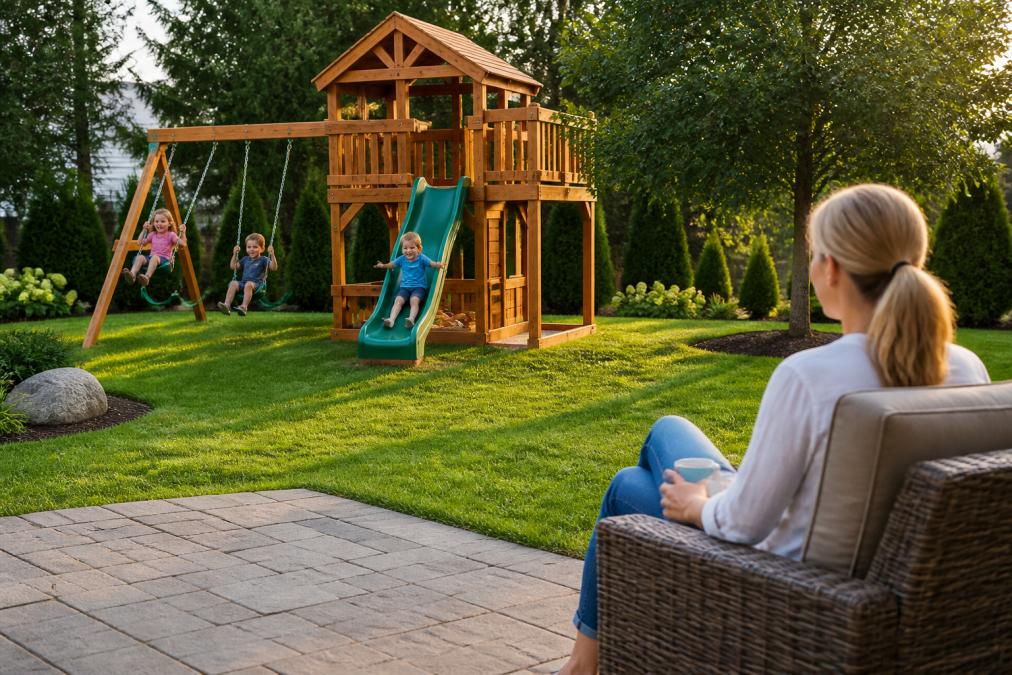 A wooden playset with swings and a slide in a lush green backyard, with children playing and a parent watching from a patio