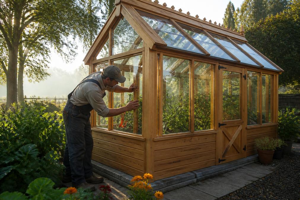A well-built wooden greenhouse with glass panes sitting in a lush backyard garden, a person in work clothes inspecting the corner frame joint in soft morning light