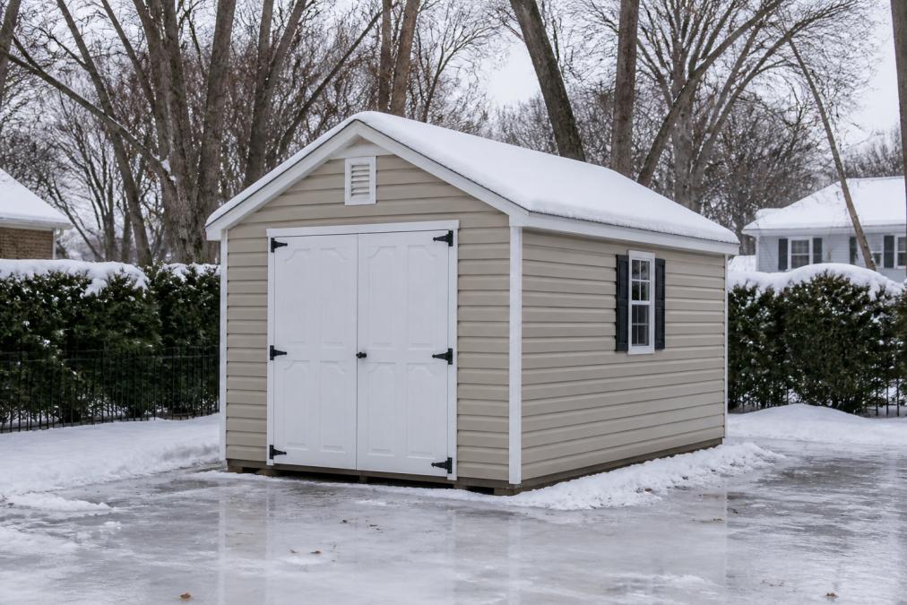 Vinyl shed standing in a residential backyard during winter with snow accumulating on the peaked roof, bare trees in background, and frozen ground visible