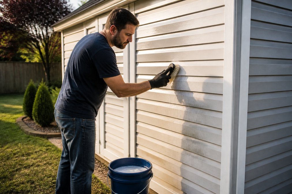 Homeowner in work gloves using a soft-bristle brush to clean vinyl shed siding with a bucket of soapy water nearby, warm sunlight illuminating the shed surface