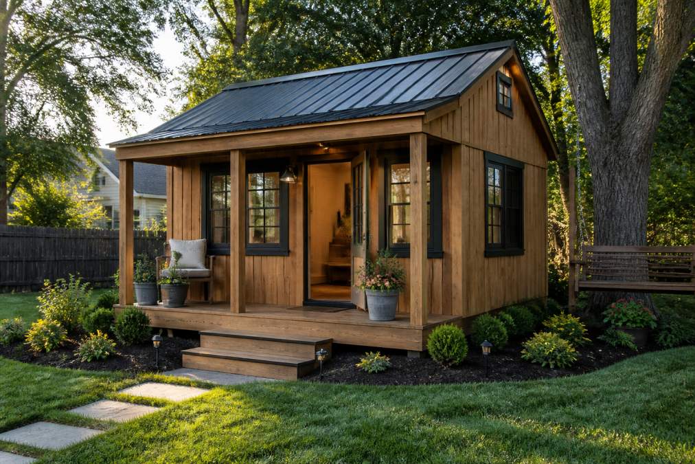 A well-built wooden backyard office shed with large windows and a small front porch, set in a landscaped suburban yard with mature trees in the background, warm afternoon light