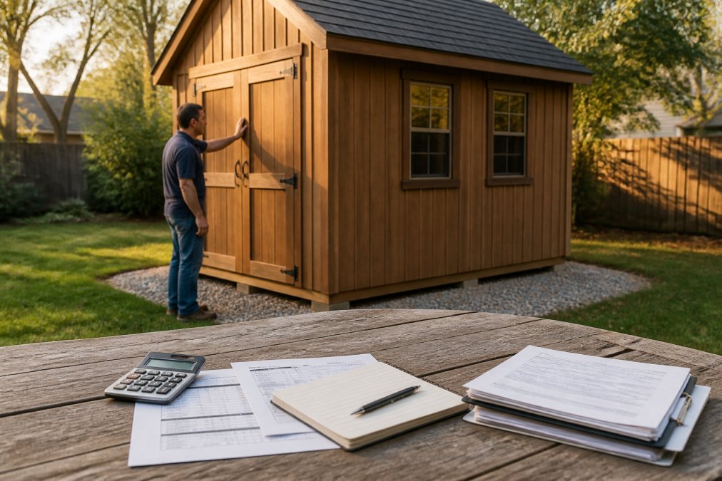 A finished Amish-built wooden shed sitting on a level gravel foundation in a suburban backyard, a homeowner inspecting the door trim in warm afternoon light