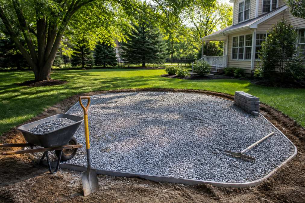 A suburban Pennsylvania backyard with a leveled gravel pad being prepared for a wooden gazebo, wheelbarrow and hand tools nearby, trees and a house visible in the background, natural daylight