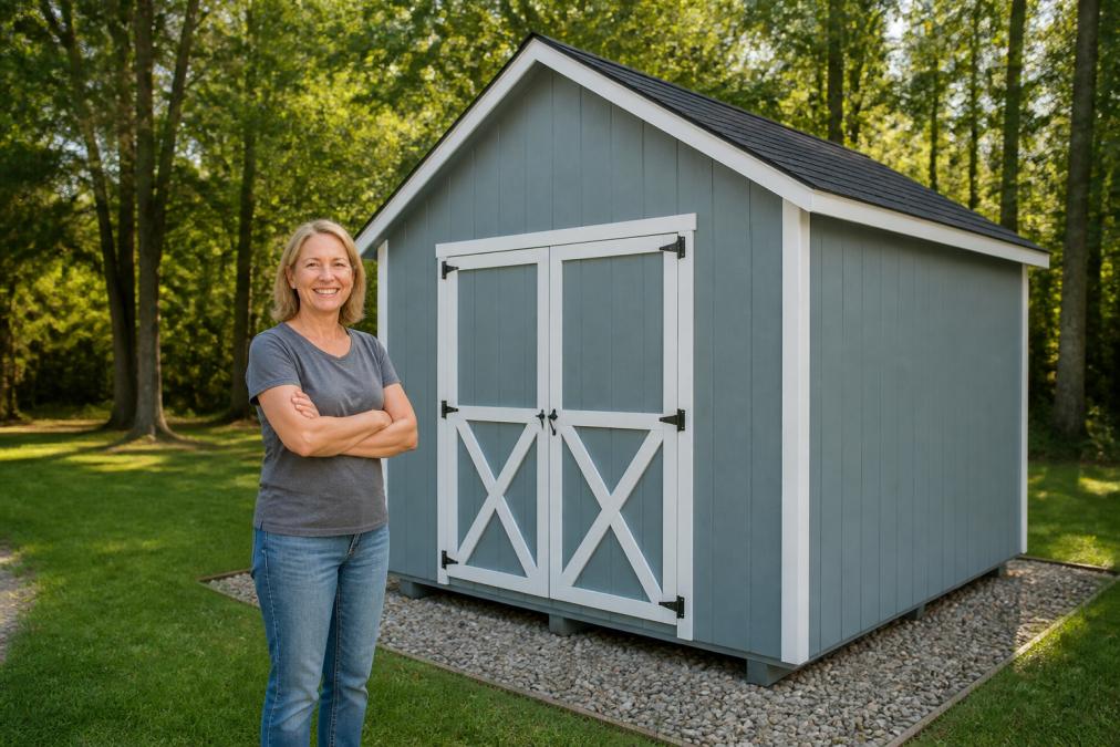 Homeowner standing in front of a newly installed Amish-built shed on their property, smiling with satisfaction, with mature trees and green lawn visible in the background