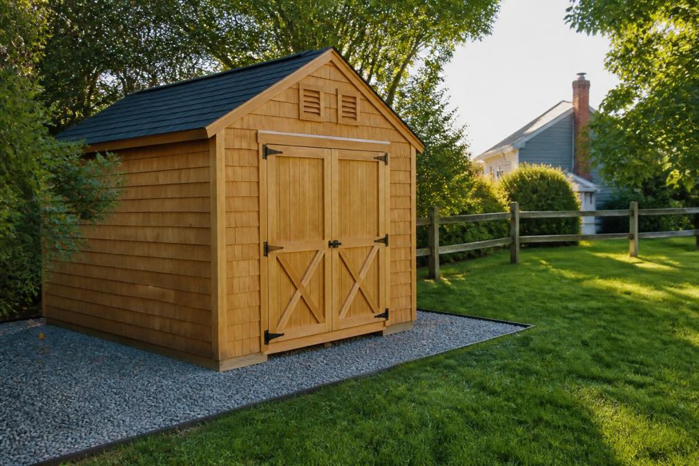 A newly installed wooden shed with cedar siding sitting on a level gravel pad in a suburban Pennsylvania backyard, showing clear space between the structure and the neighboring property line fence, late afternoon sunlight