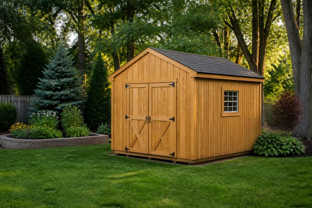 A newly built wooden storage shed with double doors and a window, sitting in a well-kept suburban backyard with mature trees and a garden bed in the background, warm late-afternoon light
