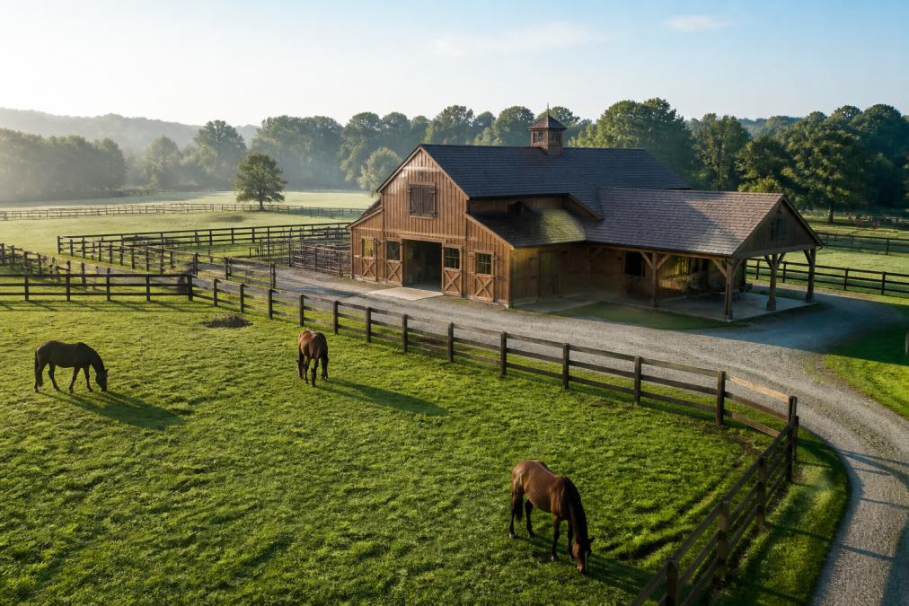 Aerial view of a well-maintained wooden horse barn with fenced paddocks and horses grazing in a green pasture under morning light