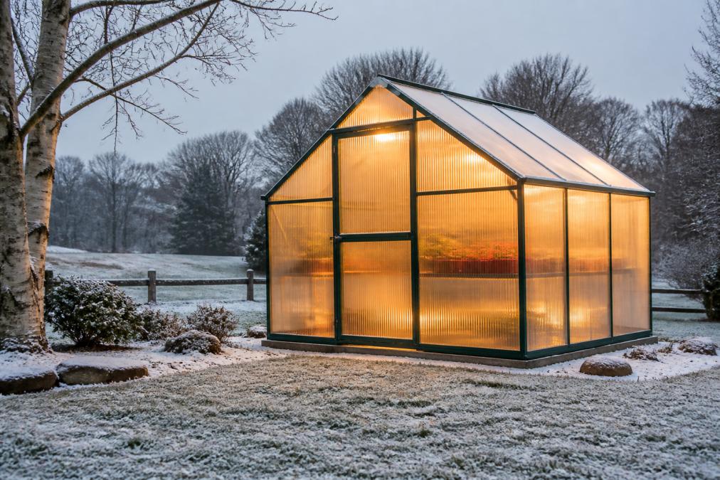 A backyard greenhouse with polycarbonate panels in a snowy Pennsylvania yard, frost on the surrounding grass, warm light glowing from inside the structure