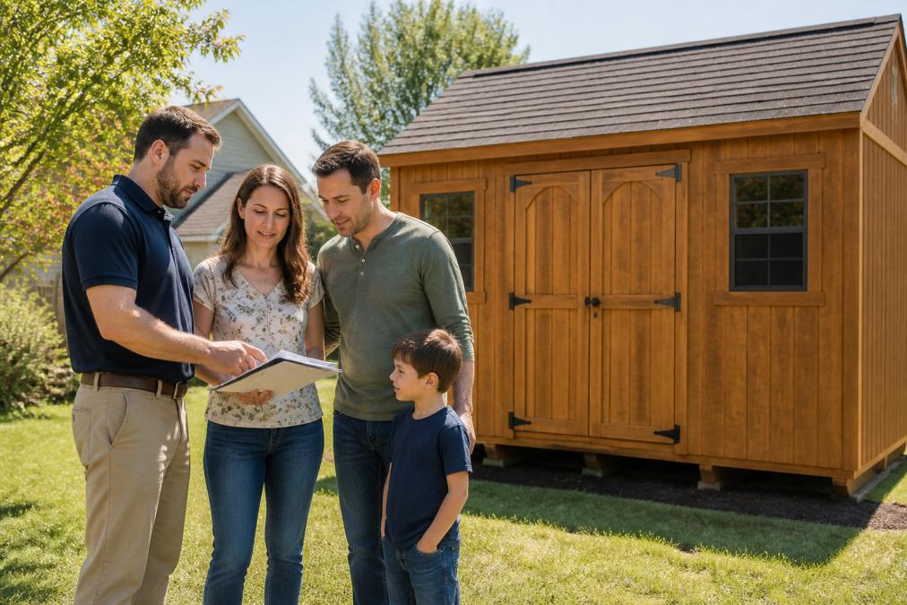 A family standing in a sunny backyard next to a new Amish-built wooden storage shed, reviewing paperwork with a friendly sales representative