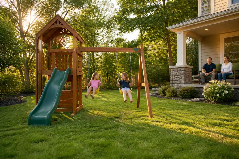 A wooden playset with two swings and a slide in a lush backyard, children playing while parents watch from a patio, late afternoon sunlight