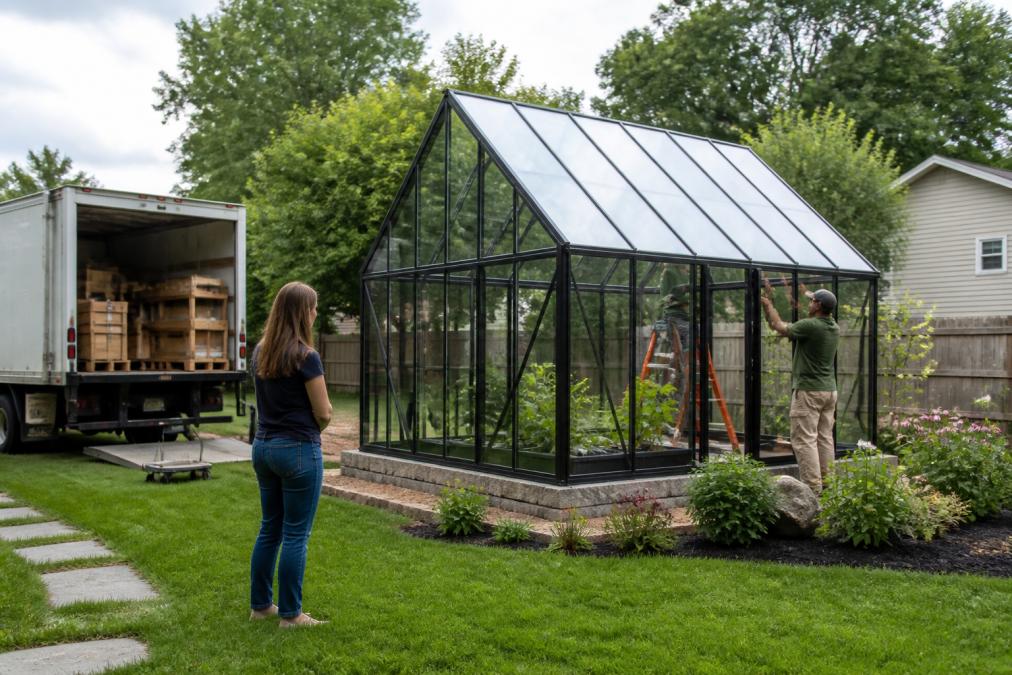 A newly installed glass greenhouse in a suburban backyard with a delivery truck and two workers adjusting the frame, homeowner watching from the lawn