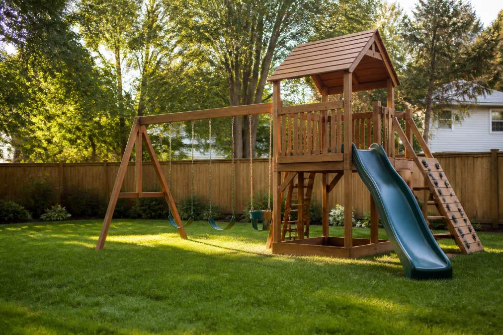 A wooden backyard playset with a swing set and slide in a leafy suburban yard, late afternoon sunlight, freshly mowed grass and a wooden fence in the background