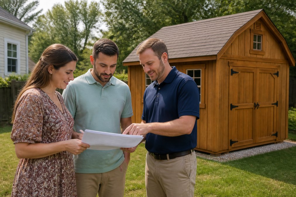 A family standing in their backyard in West Chester, PA, reviewing paperwork with a salesperson next to a newly installed Amish-built wooden shed on a sunny afternoon