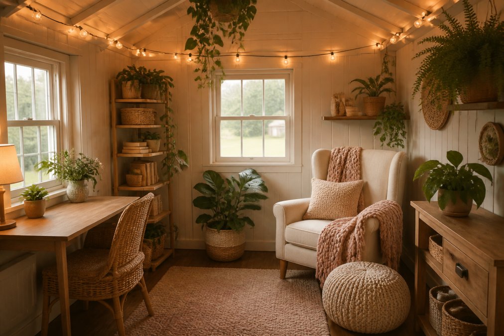 A bright, cozy she shed interior with a reading chair, small desk, potted plants, and warm string lights, showing a functional backyard retreat
