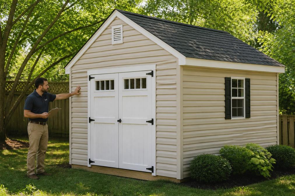 A well-built vinyl-sided shed with double doors in a leafy backyard in West Chester, PA, with a person inspecting the siding and holding a clipboard, showing quality craftsmanship