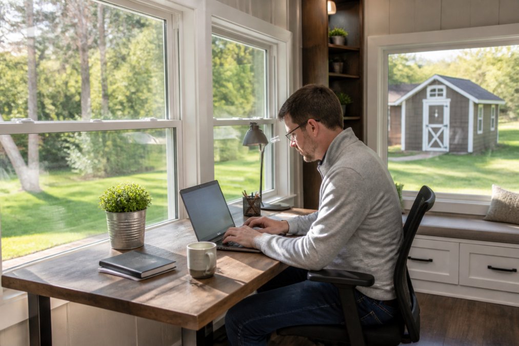 A homeowner working at a desk inside a bright, finished backyard shed office with large windows overlooking a green yard, laptop and coffee mug on the desk, natural daylight streaming in