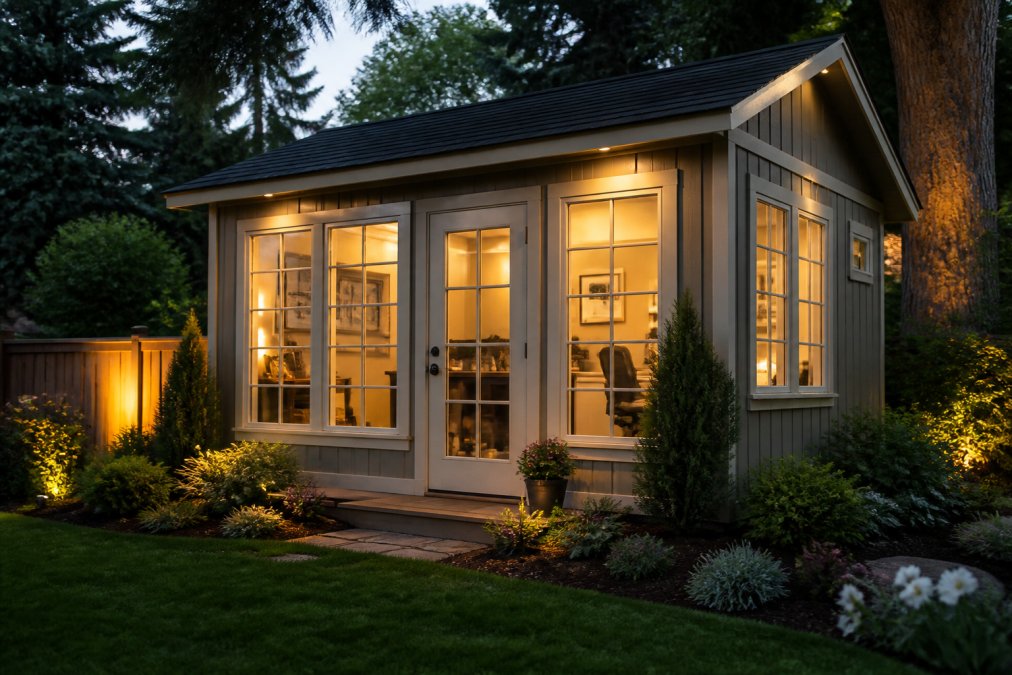 A finished backyard studio shed with large windows and a glass door, warm interior light glowing at dusk, surrounded by a landscaped lawn and mature trees in a suburban yard