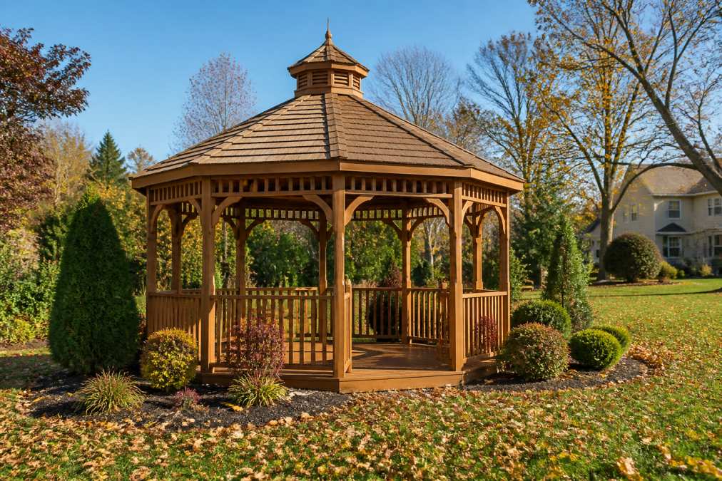A well-maintained Amish-built wooden gazebo in a suburban West Chester backyard, with a clear blue sky and autumn leaves scattered on the grass nearby