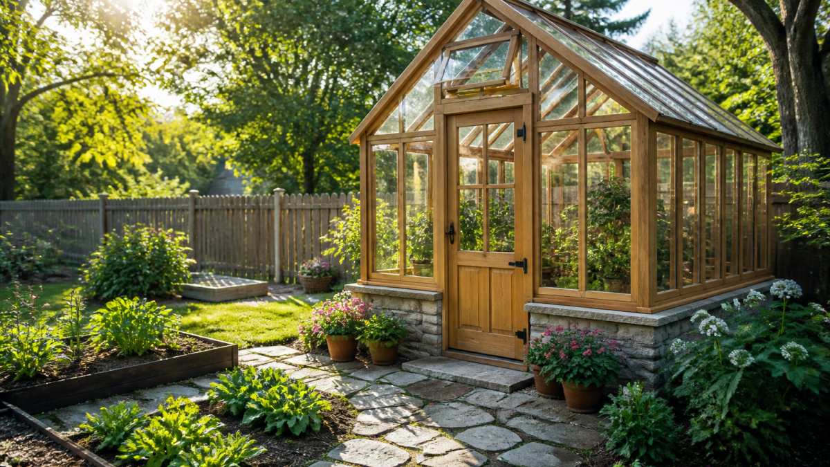 A well-built wooden greenhouse with glass panels in a lush backyard, morning sunlight streaming through, surrounded by garden beds and a stone path