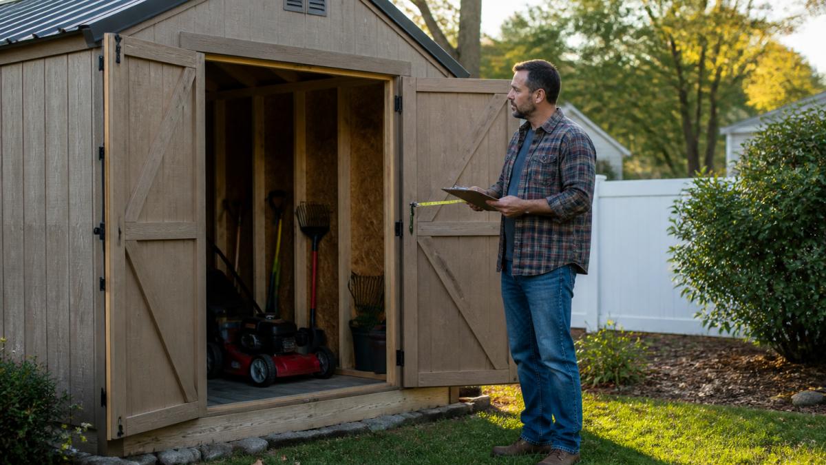 A homeowner standing in an open backyard next to a wooden storage shed, holding a tape measure and a clipboard, with a lawn mower and garden tools visible inside the shed doorway. Door width deserves its own check. A double door on a 10x12 lets you roll equipment straight in. A single 36-inch door on the same shed forces you to angle anything wider than a wheelbarrow. :::tip Walk your planned layout with string or chalk in the yard before ordering. Mark the shed footprint and the door swing. Five minutes with string prevents the most common sizing regret: a shed that fits the yard but not the mower. ::: ## Storage Shed Permit Requirements in Chester County: What to Check Before You Buy Storage shed permit requirements Chester County homeowners face depend on township rules, and they vary block by block. Some townships allow sheds under a certain square footage without a permit; others require one for anything over 100 or 200 square feet, plus setback compliance. Call your township zoning office before you order. Ask three questions: 1. What's the maximum shed size allowed without a permit? 2. What are the front, side, and rear setback distances? 3. Do I need a plot plan or survey submitted with the application? Every municipality publishes its own zoning code, and the Pennsylvania State Association of Township Supervisors maintains contacts for local township offices. If your shed exceeds the exempt size, expect a permit review covering setbacks, height limits, and sometimes stormwater rules. :::warning Skipping the permit check is the most expensive sizing mistake. A shed built too close to a property line can be ordered removed or relocated at your cost, and you'll pay for the move plus any fines. ::: ## Backyard Shed Site Preparation Tips for Sloped or Tight Lots [Backyard shed site preparation