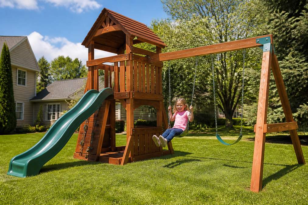 A wooden swing set with two swings and a slide in a suburban backyard, surrounded by green grass and trees, with a child playing on it on a sunny day