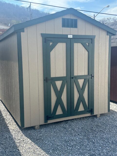 S26013 8x12x7 Classic Cottage in Buckskin with Dark Green trim