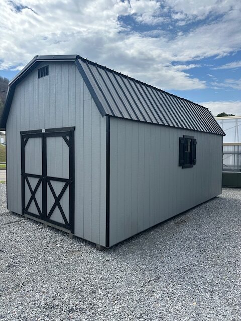 S26006 12x20x7 Barn in Light Gray with Black trim, 40 Year Black metal roof,  6′ Double door, 2x 18×27 Windows and a 4′ Loft