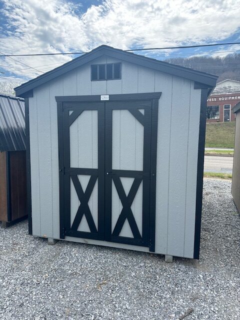 S26014 8x12x7 Classic Cottage in Dark Gray with Black Trim, 4′ Double Door, 18×27 Window SOLD