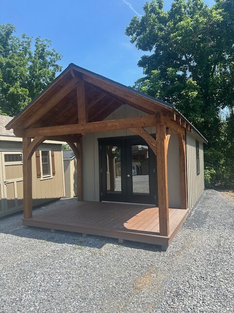 S25070 12x28x8 Alpine in Clay with Black trim, Board and Batten siding, 40 Year Metal Roof,2) 36×48 Insulated windows, Insulated Floor, Finish Ready