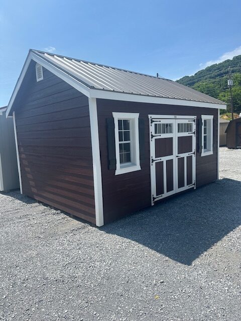 S26023 12x16x8 Windsor in Red with White trim, Lap siding, Double Door transoms and strap hinges, 40 year metal roof