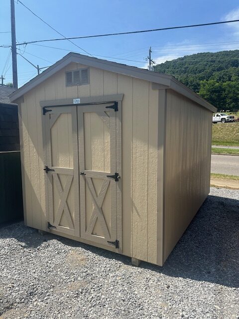 S26022 8x12x7 Classic Cottage in Tan with Buckskin trim, 3D Weatherwood Shingles, 4′ Double Door, 18×27 Slide window