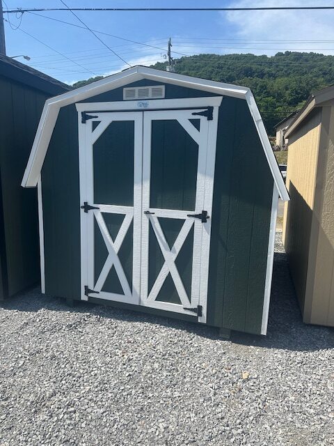 S26025 8x10x4 Classic Barn in Dark Green with White Trim, 3D Charcoal Shingles, 4′ Double Door, 18×27 Slide window