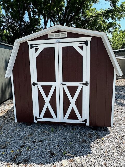 S26026 8x10x4 Classic Barn in Red with White trim, Charcoal shingles, 4′ Double door, 18×27 slide window