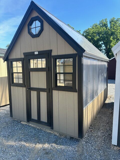 S26029 8×12 Floorless Greenhouse in Buckskin with Black trim