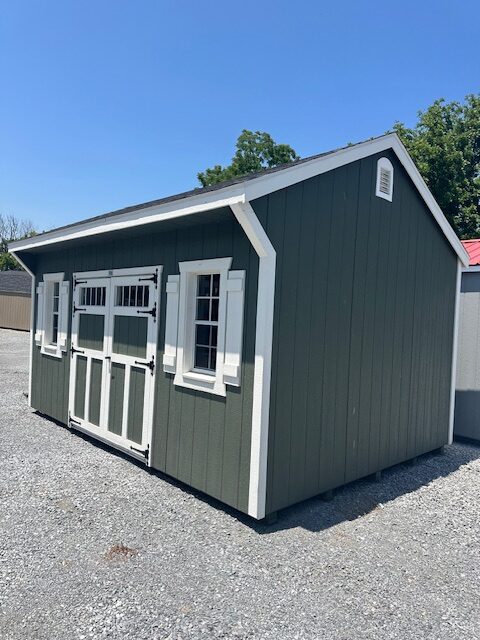 S26031 12x16x8 USED Lakeside in Avocado with White Trim, Alum Ramps, 2) 18×36 Recessed windows and a 6′ Double Door with Transoms