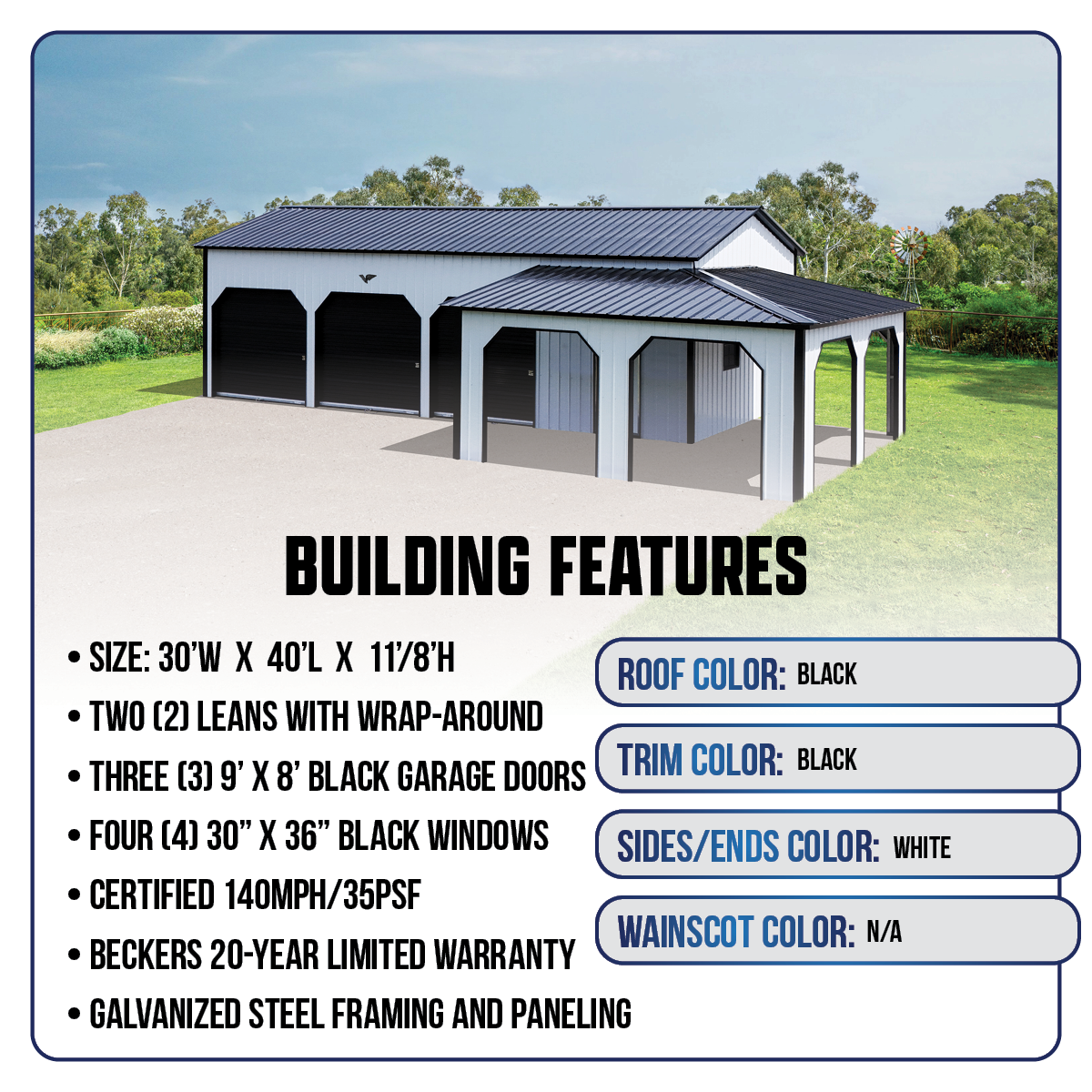 30' x 40' x 11'/8'  Custom Metal Garage