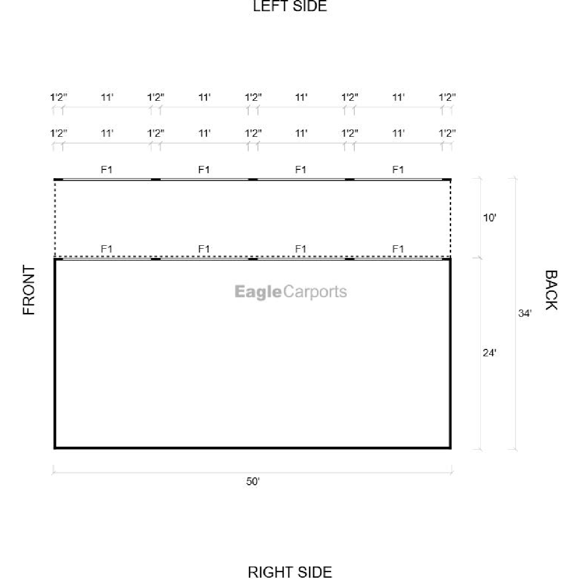 34'W x 50'L x 16'/10'H Custom 4-Bay Garage