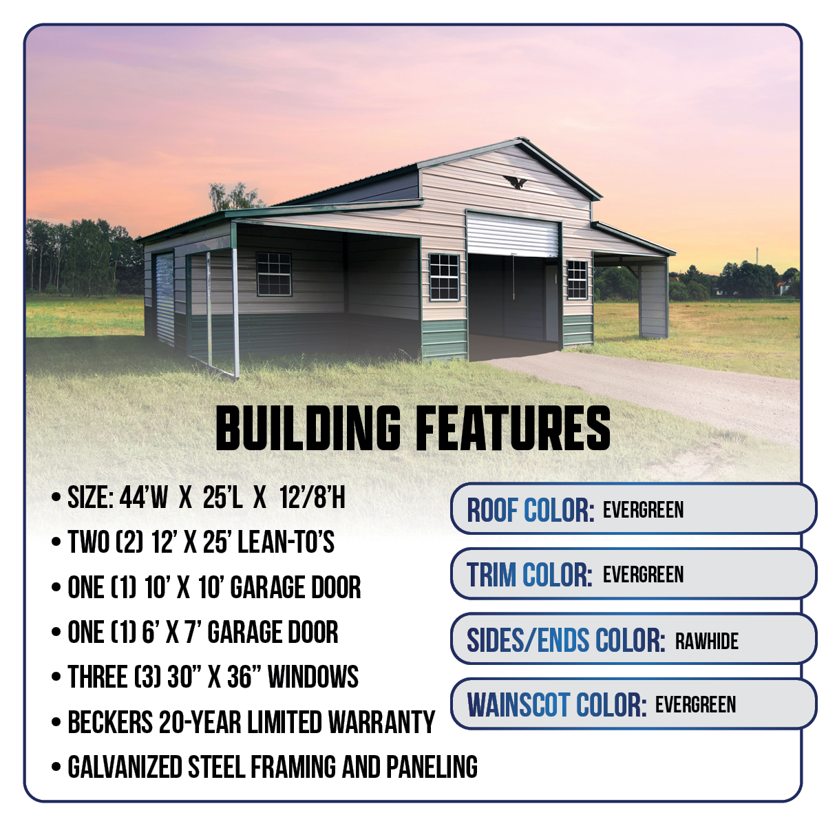 44'W x 25'L x 18'/8'H Metal Style Horse Barn